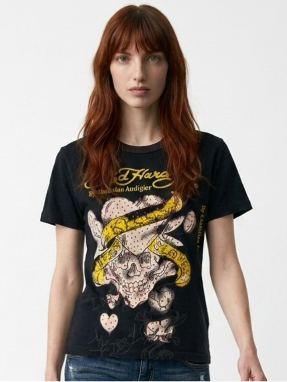 ED HARDY | Embellished Black Graphic Skull & Snake Tee Women’s Size Large